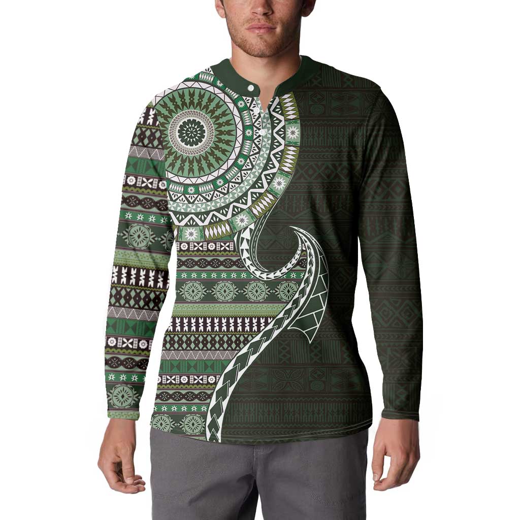 Fijian Masi Tribal Tattoos Art Pattern Button Sweatshirt Green Color Half Style - Polynesian Pride