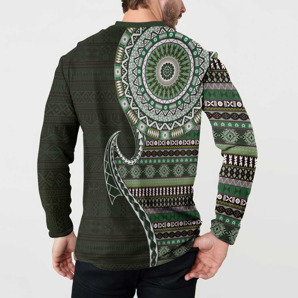 Fijian Masi Tribal Tattoos Art Pattern Button Sweatshirt Green Color Half Style - Polynesian Pride