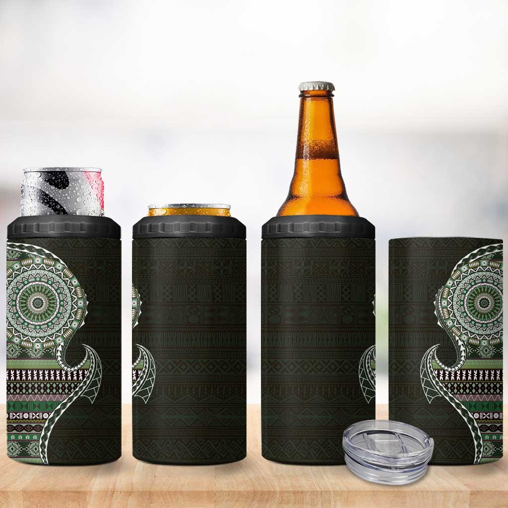 Fijian Masi Tribal Tattoos Art Pattern 4 in 1 Can Cooler Tumbler Green Color Half Style - Polynesian Pride