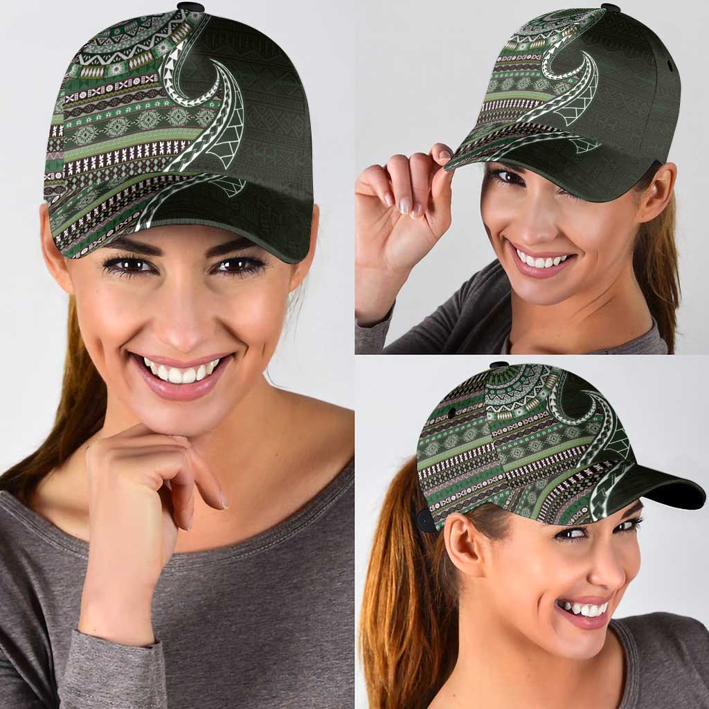 Fijian Masi Tribal Tattoos Art Pattern Classic Cap Green Color Half Style - Polynesian Pride