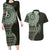 Fijian Masi Tribal Tattoos Art Pattern Couples Matching Long Sleeve Bodycon Dress and Hawaiian Shirt Green Color Half Style - Polynesian Pride