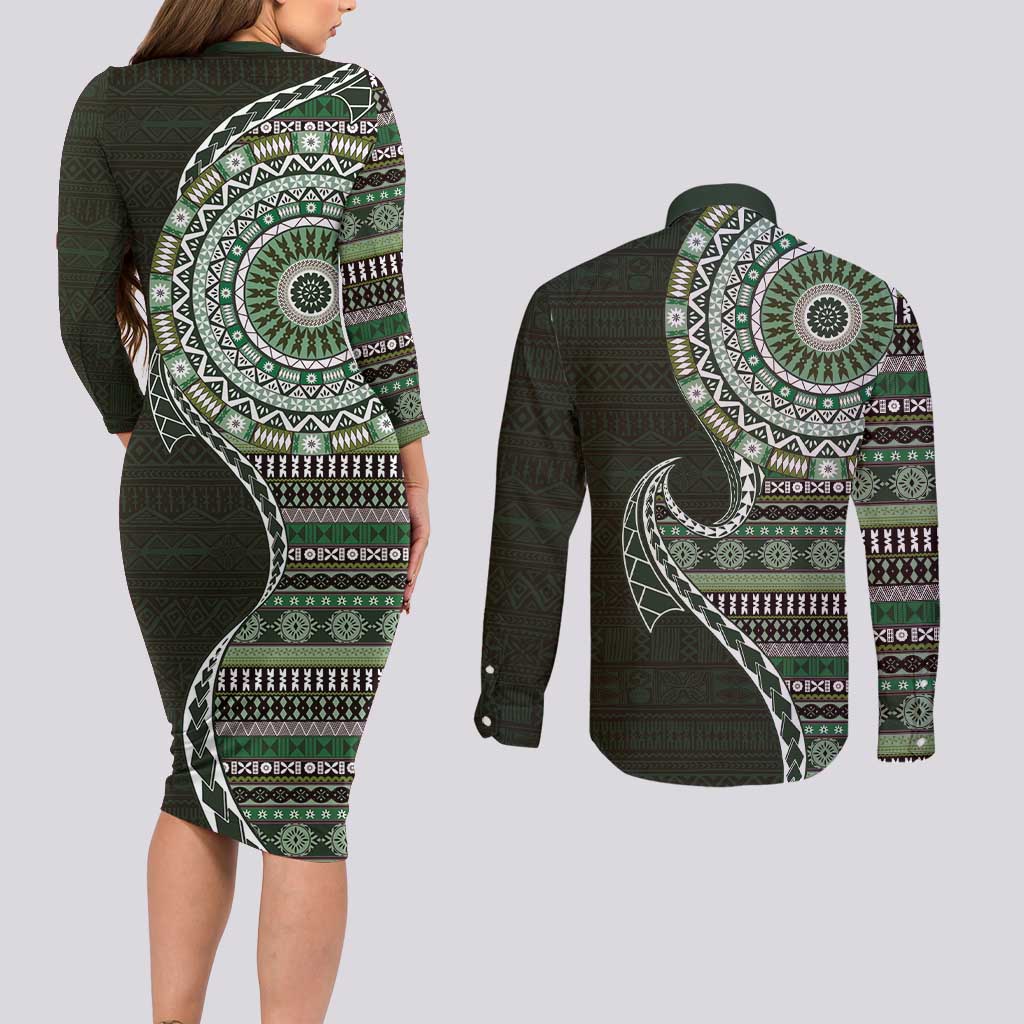 Fijian Masi Tribal Tattoos Art Pattern Couples Matching Long Sleeve Bodycon Dress and Long Sleeve Button Shirt Green Color Half Style - Polynesian Pride