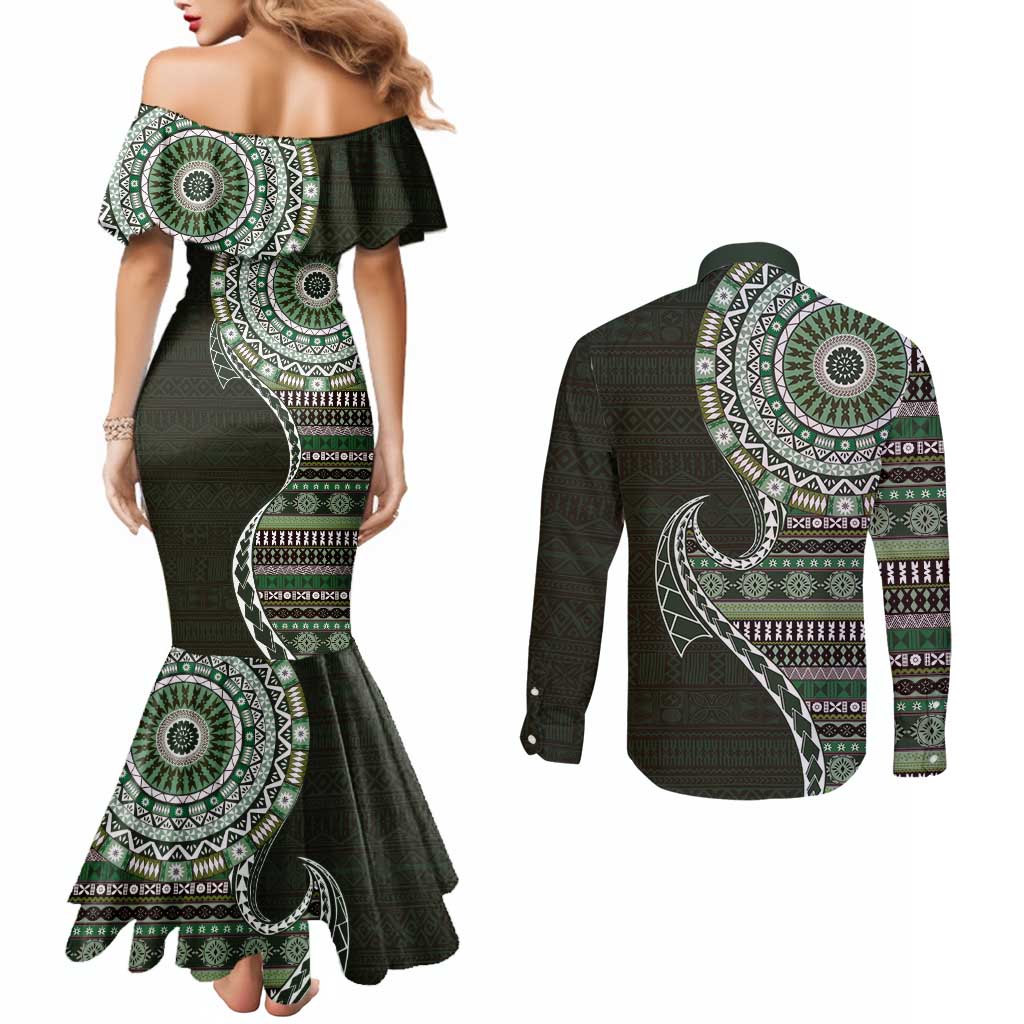 Fijian Masi Tribal Tattoos Art Pattern Couples Matching Mermaid Dress and Long Sleeve Button Shirt Green Color Half Style - Polynesian Pride