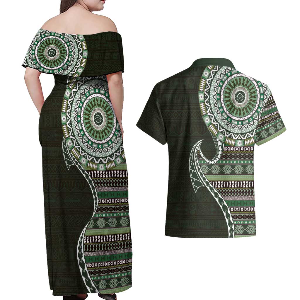 Fijian Masi Tribal Tattoos Art Pattern Couples Matching Off Shoulder Maxi Dress and Hawaiian Shirt Green Color Half Style - Polynesian Pride