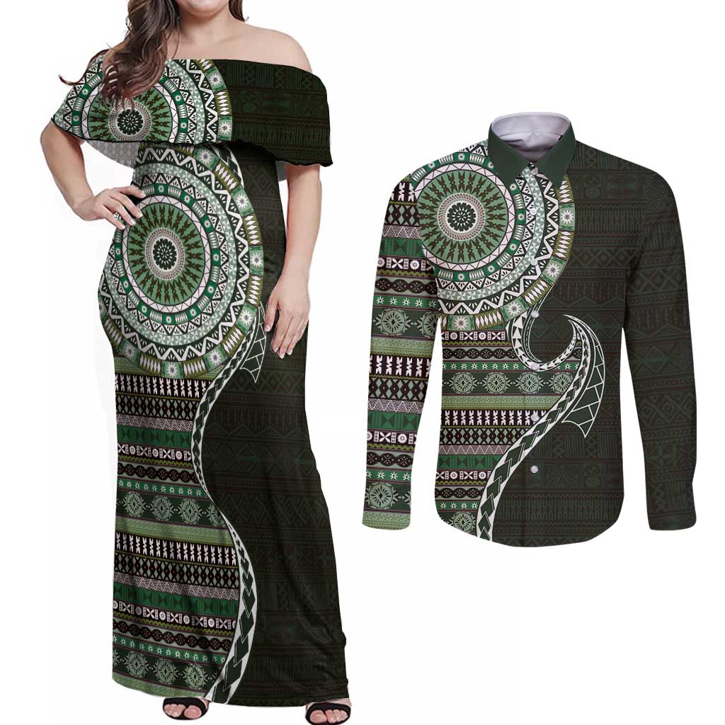 Fijian Masi Tribal Tattoos Art Pattern Couples Matching Off Shoulder Maxi Dress and Long Sleeve Button Shirt Green Color Half Style - Polynesian Pride