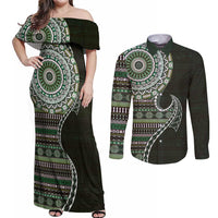 Fijian Masi Tribal Tattoos Art Pattern Couples Matching Off Shoulder Maxi Dress and Long Sleeve Button Shirt Green Color Half Style - Polynesian Pride
