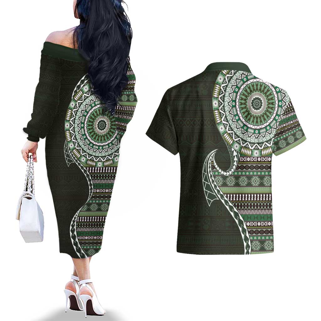 Fijian Masi Tribal Tattoos Art Pattern Couples Matching Off The Shoulder Long Sleeve Dress and Hawaiian Shirt Green Color Half Style - Polynesian Pride