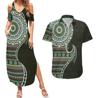 Fijian Masi Tribal Tattoos Art Pattern Couples Matching Summer Maxi Dress and Hawaiian Shirt Green Color Half Style - Polynesian Pride