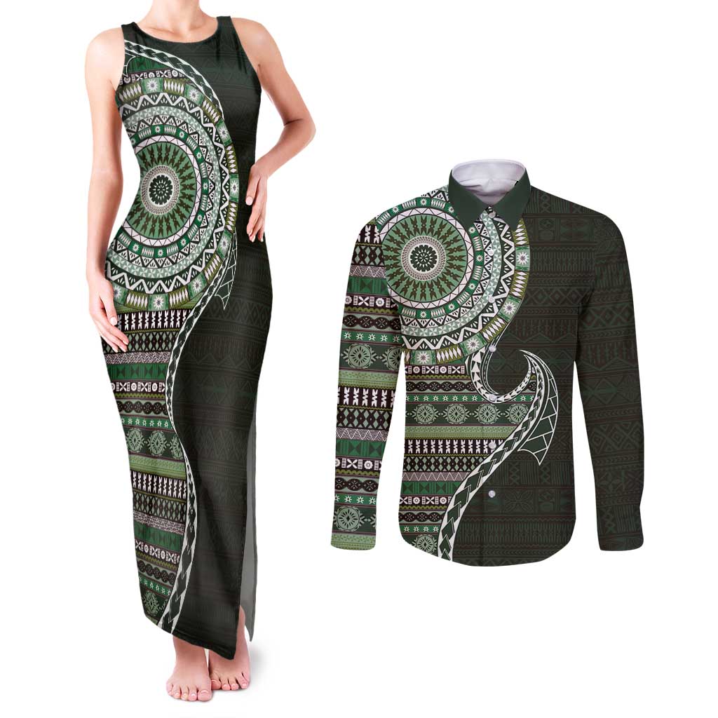 Fijian Masi Tribal Tattoos Art Pattern Couples Matching Tank Maxi Dress and Long Sleeve Button Shirt Green Color Half Style - Polynesian Pride