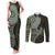 Fijian Masi Tribal Tattoos Art Pattern Couples Matching Tank Maxi Dress and Long Sleeve Button Shirt Green Color Half Style - Polynesian Pride