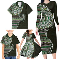 Fijian Masi Tribal Tattoos Art Pattern Family Matching Long Sleeve Bodycon Dress and Hawaiian Shirt Green Color Half Style - Polynesian Pride