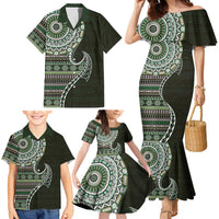 Fijian Masi Tribal Tattoos Art Pattern Family Matching Mermaid Dress and Hawaiian Shirt Green Color Half Style - Polynesian Pride
