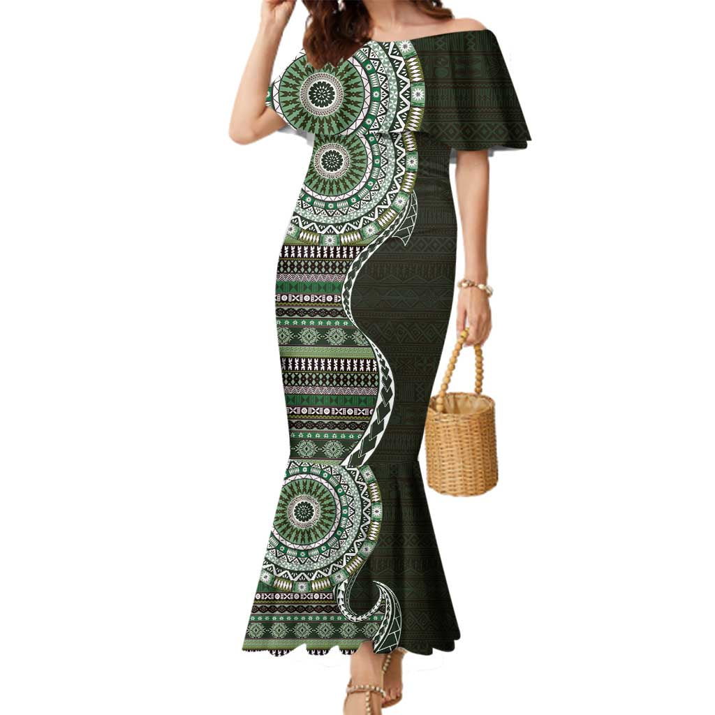 Fijian Masi Tribal Tattoos Art Pattern Family Matching Mermaid Dress and Hawaiian Shirt Green Color Half Style - Polynesian Pride