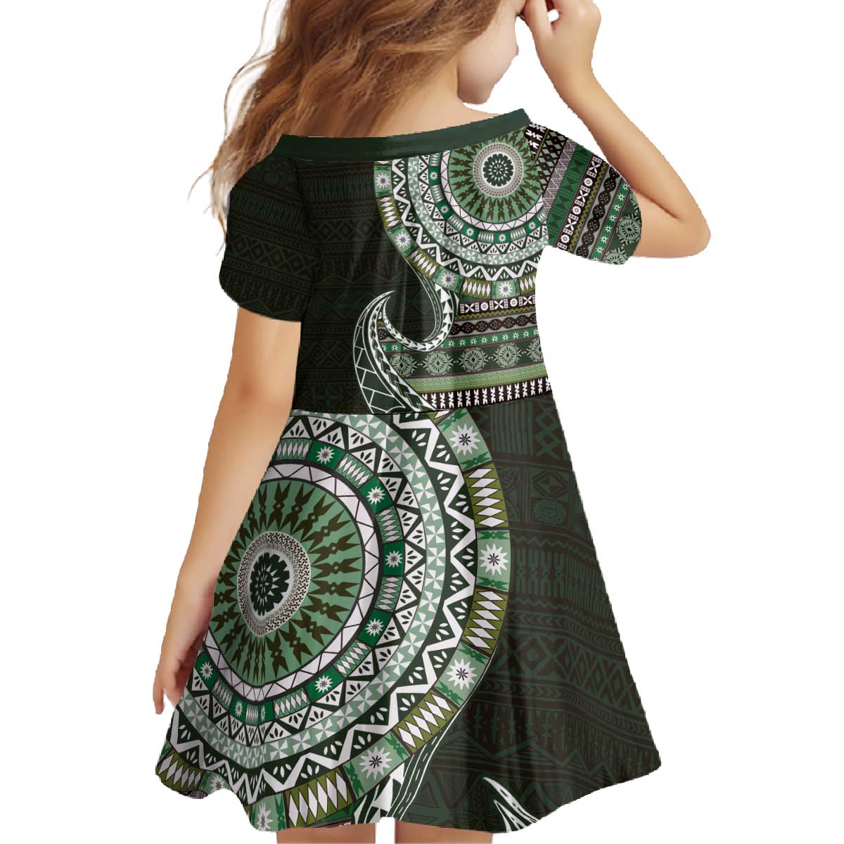 Fijian Masi Tribal Tattoos Art Pattern Family Matching Off The Shoulder Long Sleeve Dress and Hawaiian Shirt Green Color Half Style - Polynesian Pride
