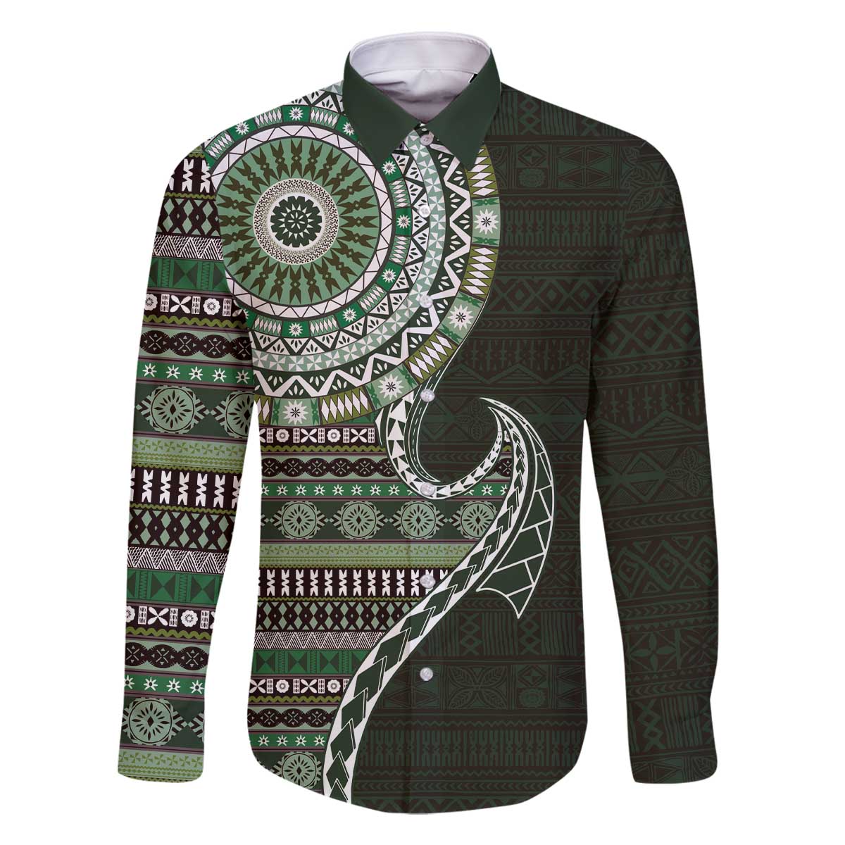 Fijian Masi Tribal Tattoos Art Pattern Family Matching Off The Shoulder Long Sleeve Dress and Hawaiian Shirt Green Color Half Style - Polynesian Pride
