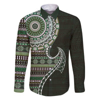Fijian Masi Tribal Tattoos Art Pattern Family Matching Off The Shoulder Long Sleeve Dress and Hawaiian Shirt Green Color Half Style - Polynesian Pride