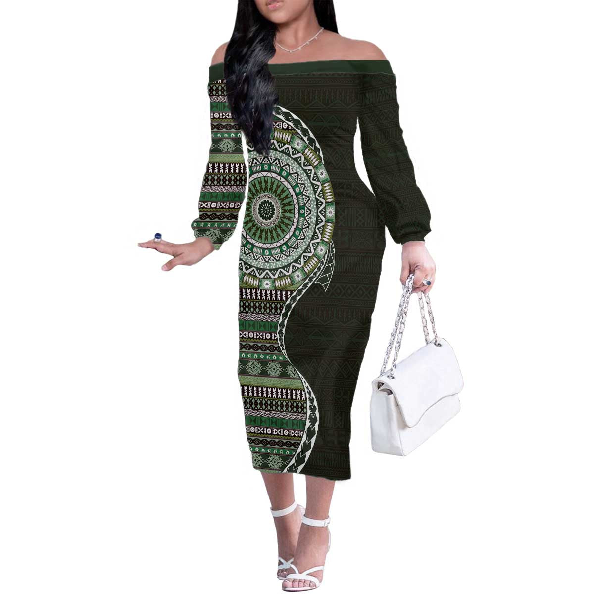 Fijian Masi Tribal Tattoos Art Pattern Family Matching Off The Shoulder Long Sleeve Dress and Hawaiian Shirt Green Color Half Style - Polynesian Pride