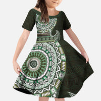 Fijian Masi Tribal Tattoos Art Pattern Family Matching Off Shoulder Maxi Dress and Hawaiian Shirt Green Color Half Style - Polynesian Pride