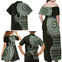 Fijian Masi Tribal Tattoos Art Pattern Family Matching Off Shoulder Maxi Dress and Hawaiian Shirt Green Color Half Style - Polynesian Pride