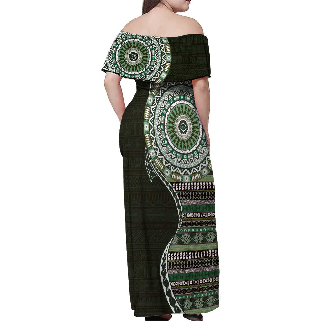 Fijian Masi Tribal Tattoos Art Pattern Family Matching Off Shoulder Maxi Dress and Hawaiian Shirt Green Color Half Style - Polynesian Pride