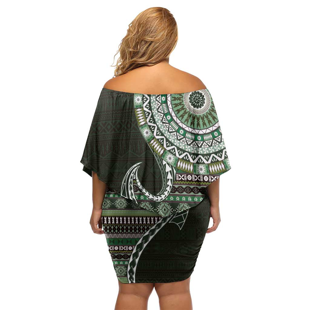 Fijian Masi Tribal Tattoos Art Pattern Family Matching Off Shoulder Short Dress and Hawaiian Shirt Green Color Half Style - Polynesian Pride