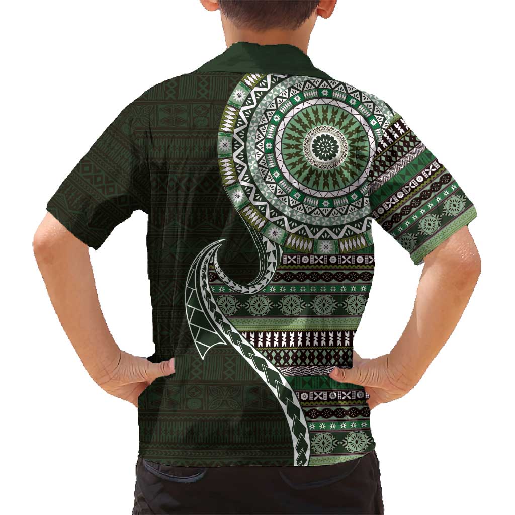 Fijian Masi Tribal Tattoos Art Pattern Family Matching Puletasi and Hawaiian Shirt Green Color Half Style - Polynesian Pride