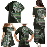 Fijian Masi Tribal Tattoos Art Pattern Family Matching Puletasi and Hawaiian Shirt Green Color Half Style - Polynesian Pride
