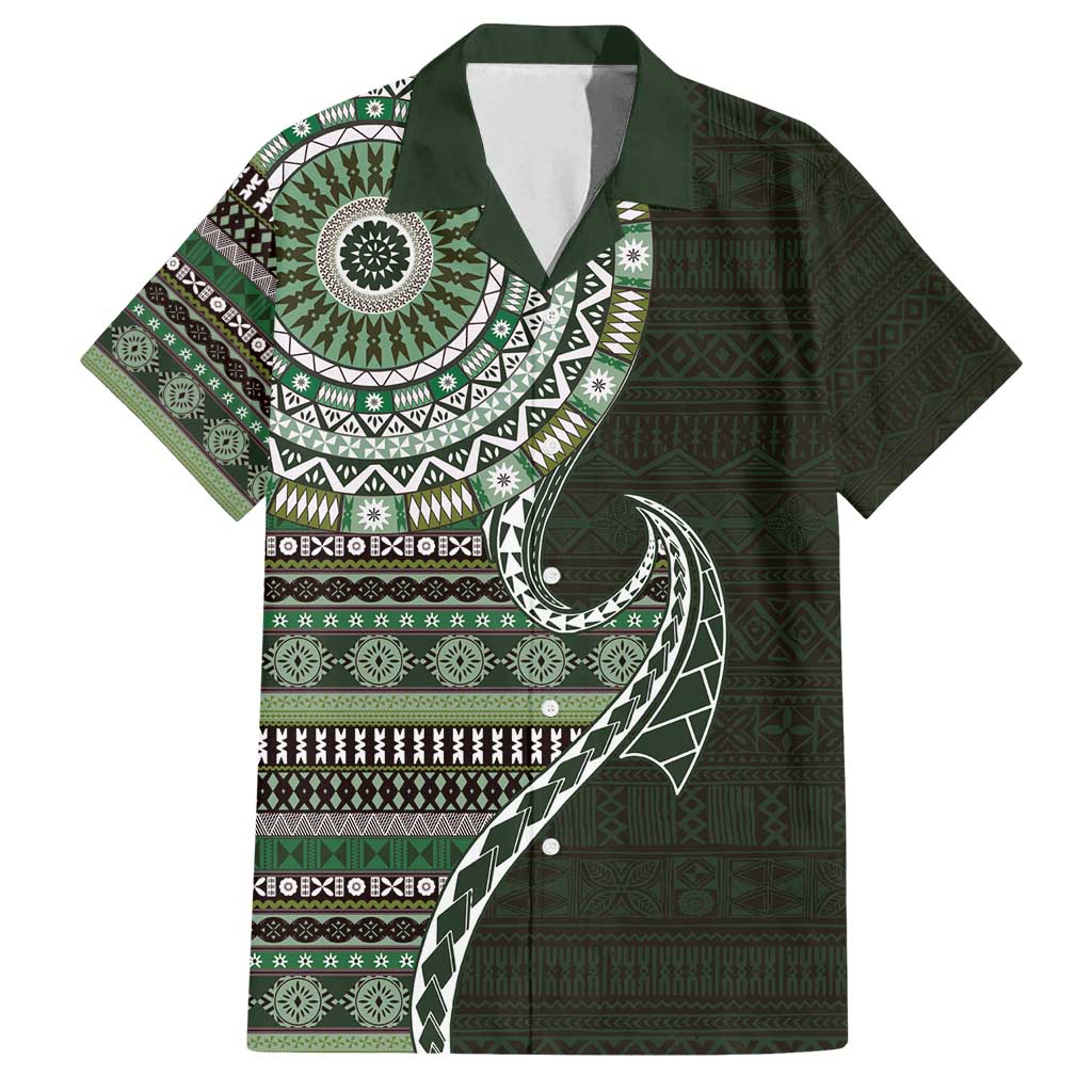 Fijian Masi Tribal Tattoos Art Pattern Family Matching Puletasi and Hawaiian Shirt Green Color Half Style - Polynesian Pride