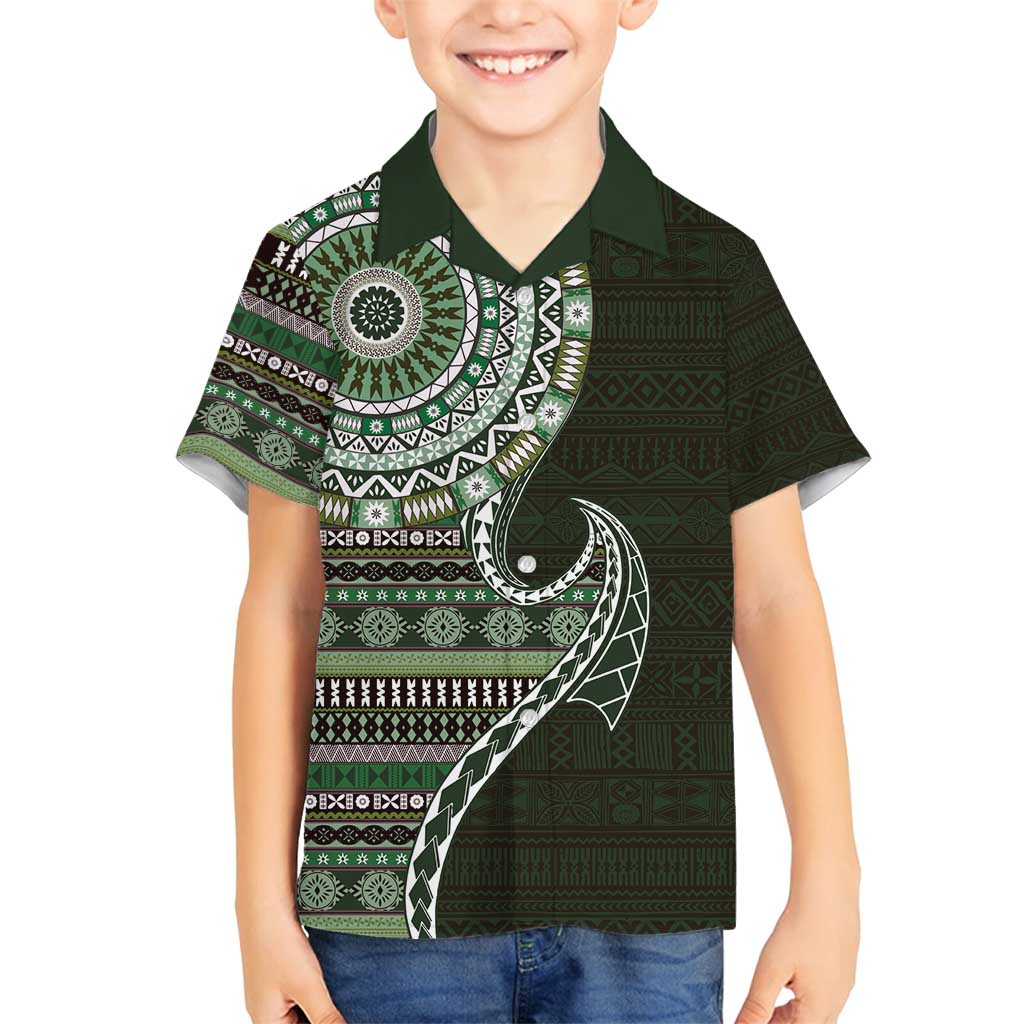 Fijian Masi Tribal Tattoos Art Pattern Family Matching Puletasi and Hawaiian Shirt Green Color Half Style - Polynesian Pride