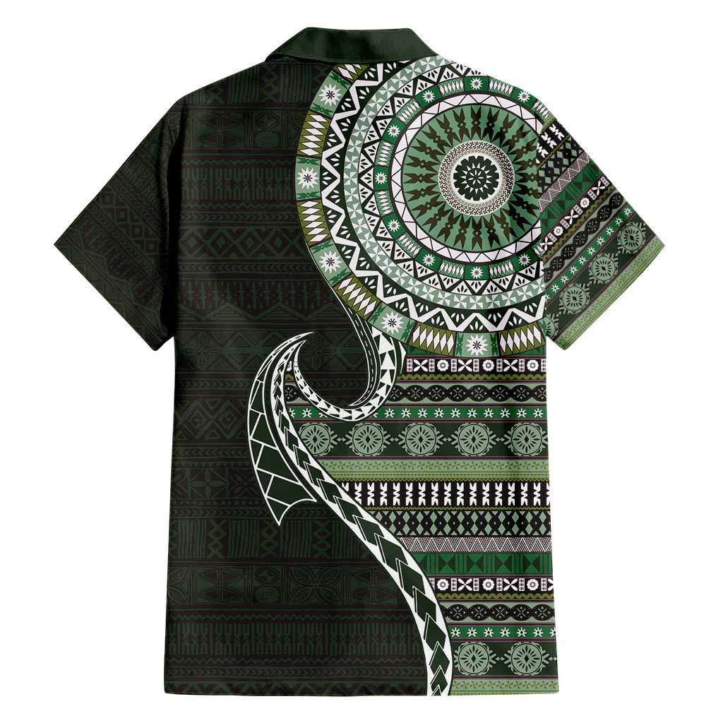 Fijian Masi Tribal Tattoos Art Pattern Family Matching Short Sleeve Bodycon Dress and Hawaiian Shirt Green Color Half Style - Polynesian Pride