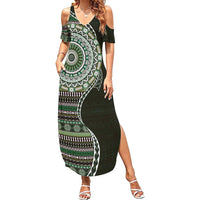 Fijian Masi Tribal Tattoos Art Pattern Family Matching Summer Maxi Dress and Hawaiian Shirt Green Color Half Style - Polynesian Pride