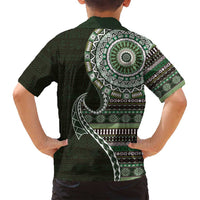 Fijian Masi Tribal Tattoos Art Pattern Family Matching Tank Maxi Dress and Hawaiian Shirt Green Color Half Style - Polynesian Pride