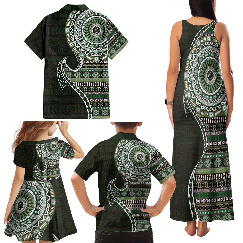 Fijian Masi Tribal Tattoos Art Pattern Family Matching Tank Maxi Dress and Hawaiian Shirt Green Color Half Style - Polynesian Pride