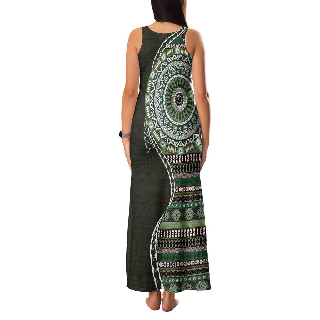 Fijian Masi Tribal Tattoos Art Pattern Family Matching Tank Maxi Dress and Hawaiian Shirt Green Color Half Style - Polynesian Pride