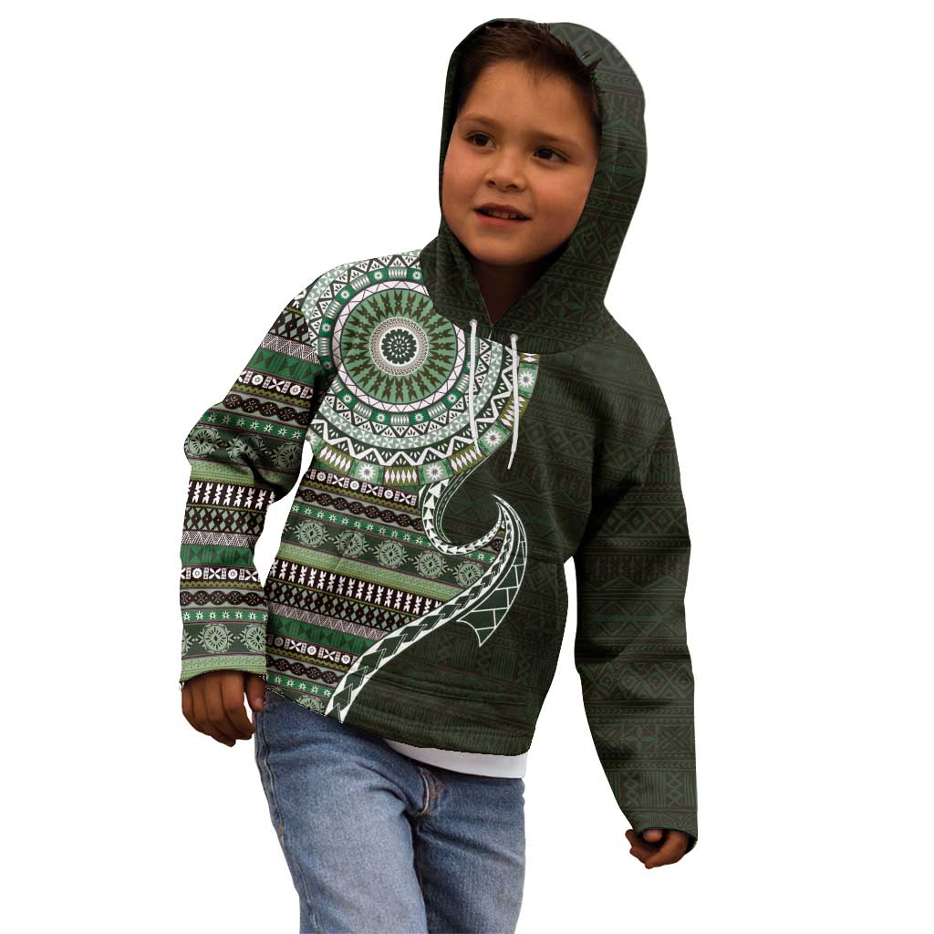 Fijian Masi Tribal Tattoos Art Pattern Kid Hoodie Green Color Half Style - Polynesian Pride