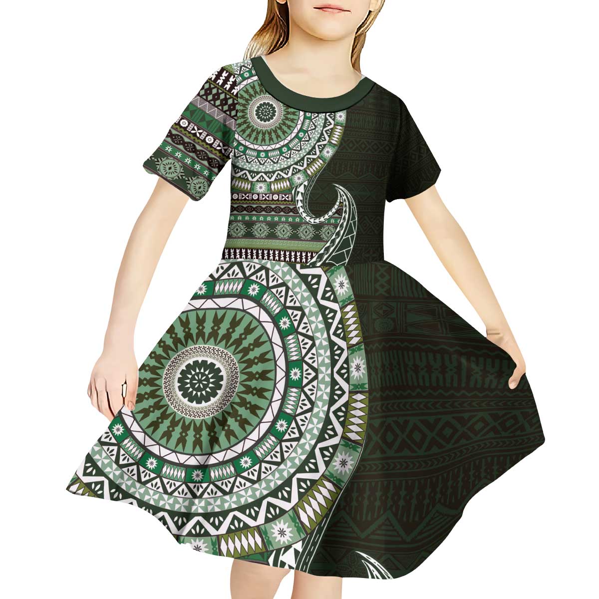 Fijian Masi Tribal Tattoos Art Pattern Kid Short Sleeve Dress Green Color Half Style - Polynesian Pride