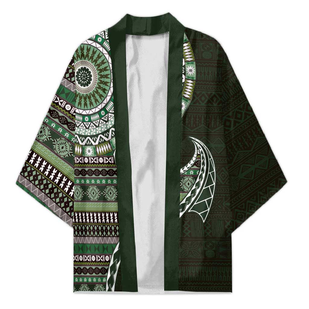 Fijian Masi Tribal Tattoos Art Pattern Kimono Green Color Half Style - Polynesian Pride