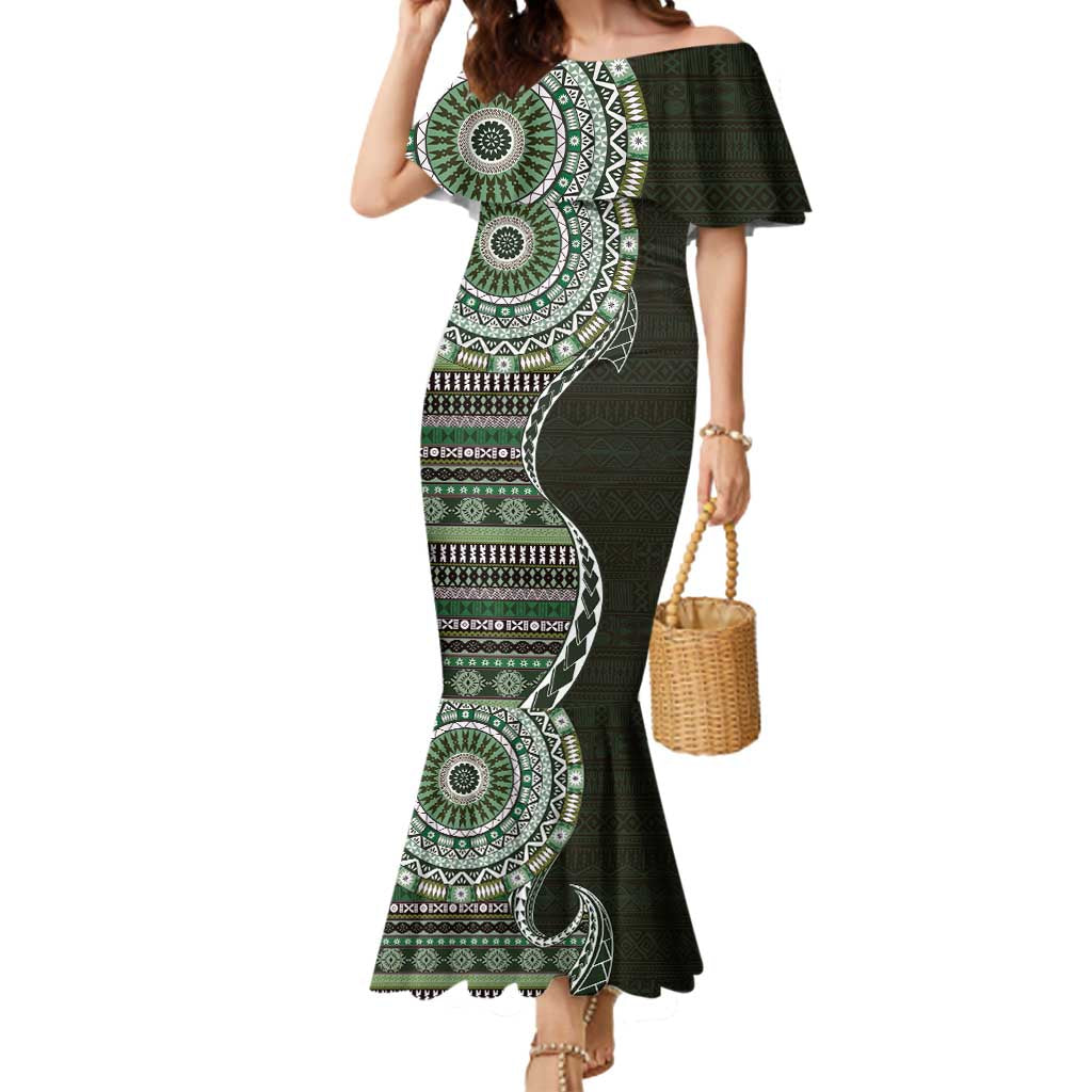Fijian Masi Tribal Tattoos Art Pattern Mermaid Dress Green Color Half Style - Polynesian Pride
