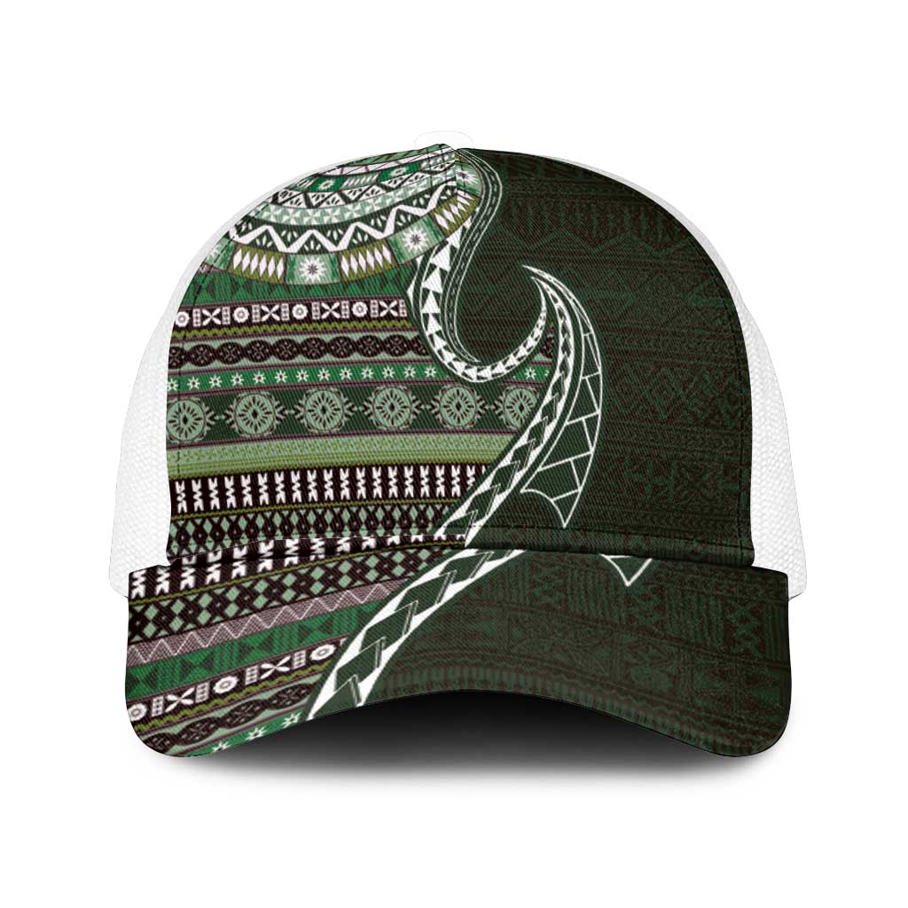 Fijian Masi Tribal Tattoos Art Pattern Mesh Trucker Cap Green Color Half Style - Polynesian Pride