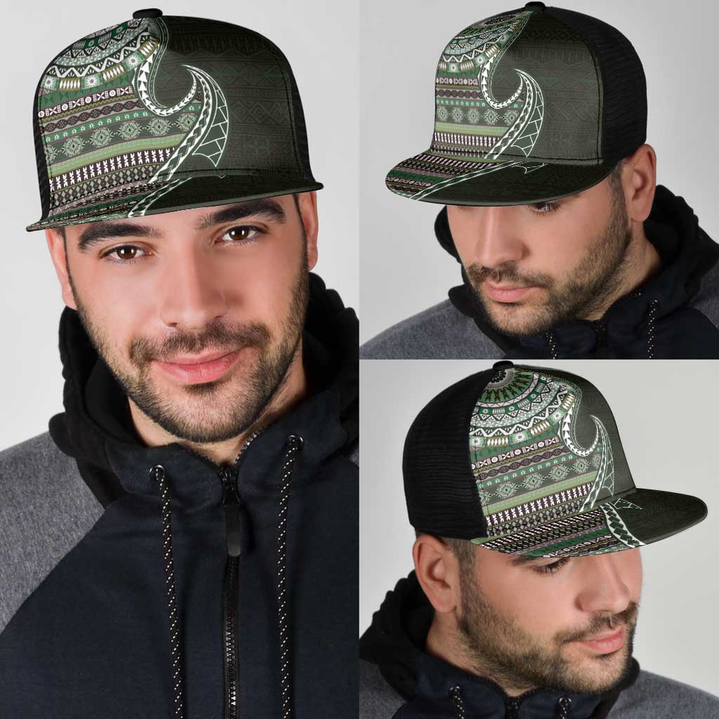 Fijian Masi Tribal Tattoos Art Pattern Mesh Trucker Cap Green Color Half Style - Polynesian Pride