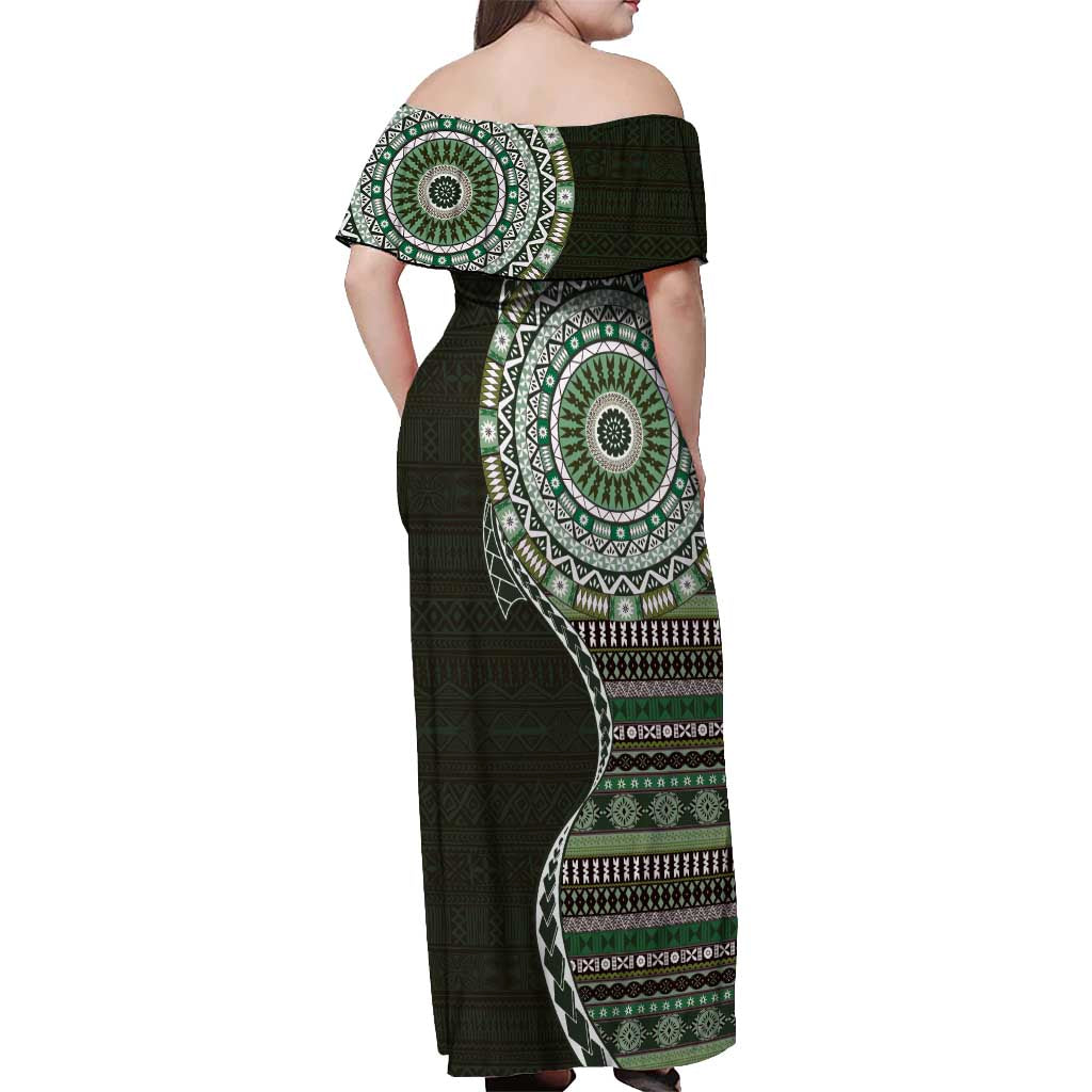 Fijian Masi Tribal Tattoos Art Pattern Off Shoulder Maxi Dress Green Color Half Style - Polynesian Pride