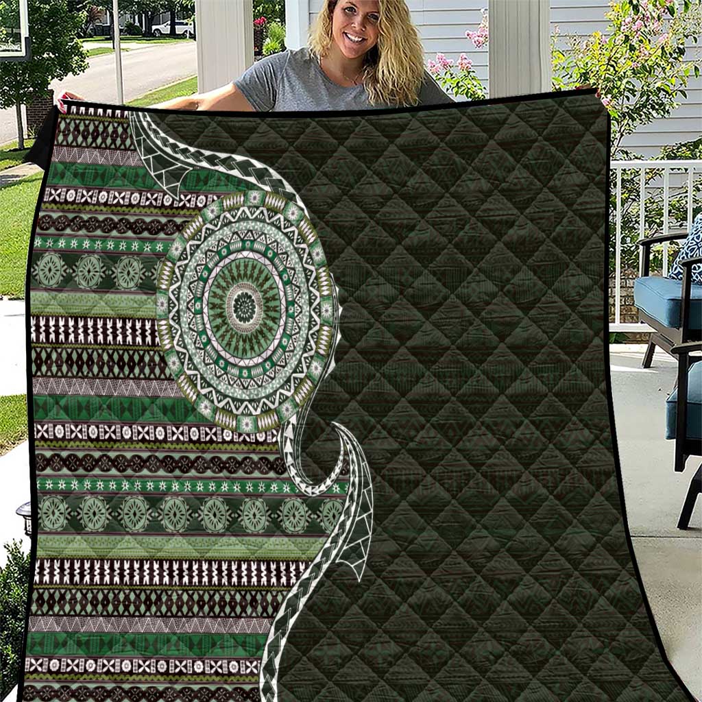 Fijian Masi Tribal Tattoos Art Pattern Quilt Green Color Half Style - Polynesian Pride