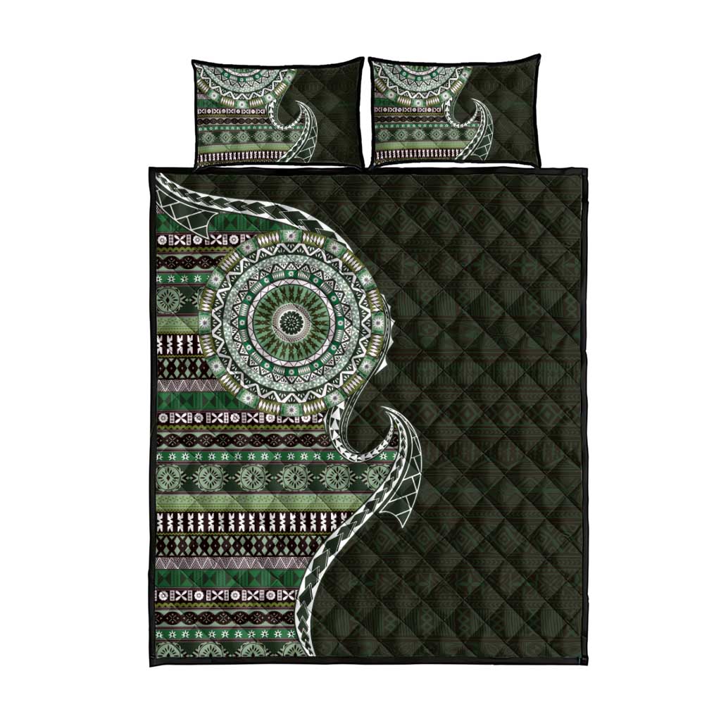 Fijian Masi Tribal Tattoos Art Pattern Quilt Bed Set Green Color Half Style - Polynesian Pride