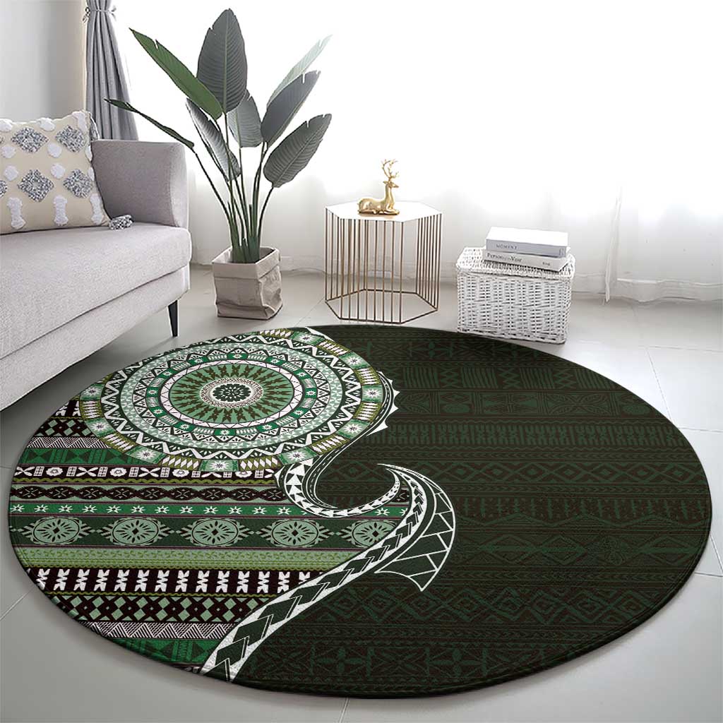Fijian Masi Tribal Tattoos Art Pattern Round Carpet Green Color Half Style - Polynesian Pride