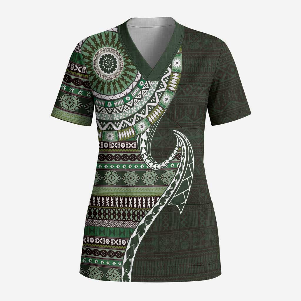 Fijian Masi Tribal Tattoos Art Pattern Scrub Top Green Color Half Style - Polynesian Pride