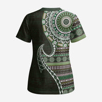 Fijian Masi Tribal Tattoos Art Pattern Scrub Top Green Color Half Style - Polynesian Pride