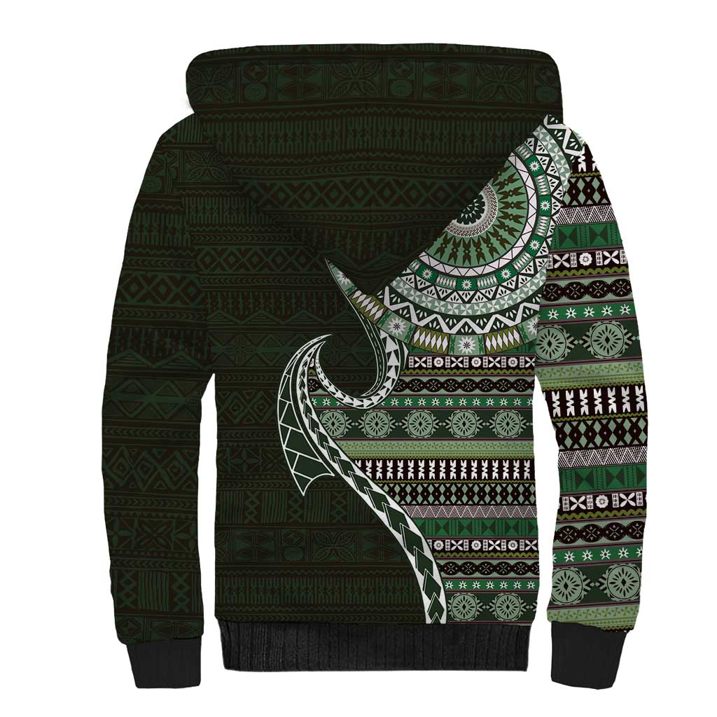 Fijian Masi Tribal Tattoos Art Pattern Sherpa Hoodie Green Color Half Style - Polynesian Pride