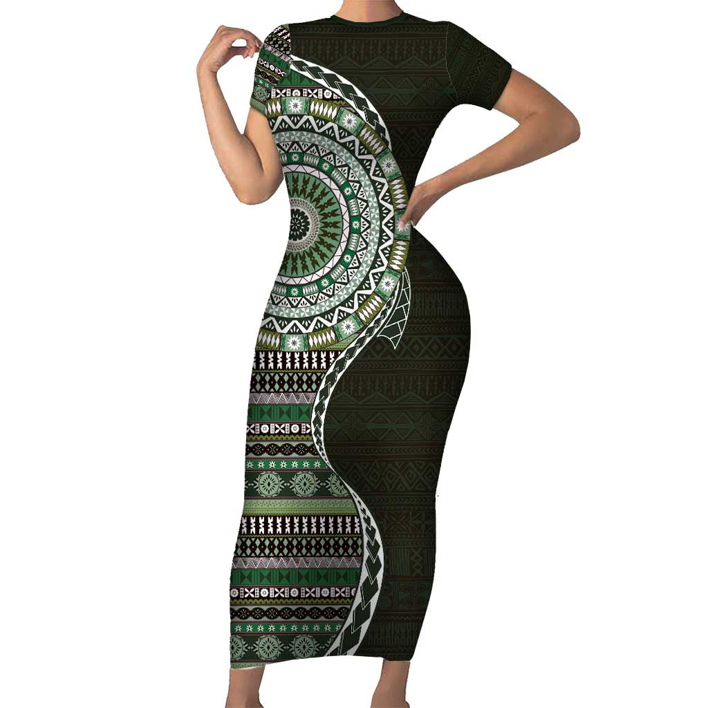 Fijian Masi Tribal Tattoos Art Pattern Short Sleeve Bodycon Dress Green Color Half Style - Polynesian Pride