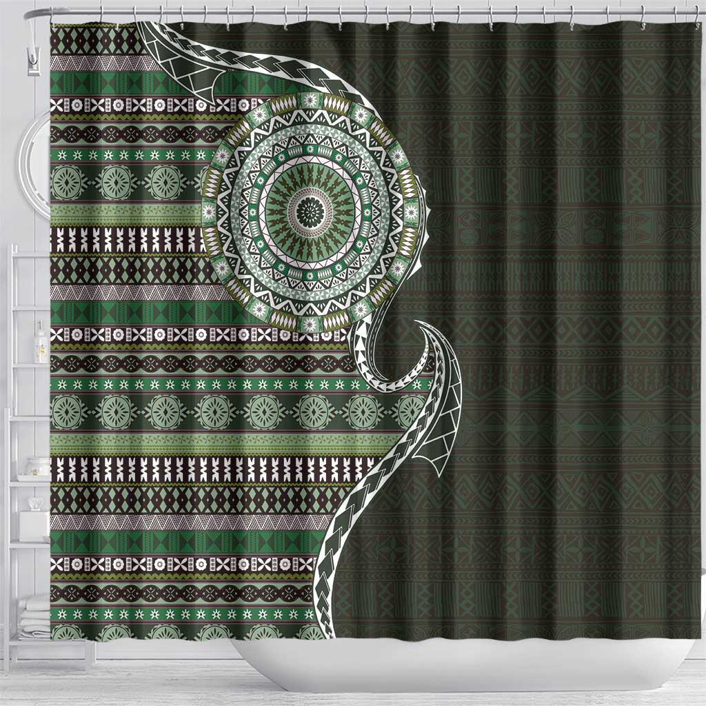 Fijian Masi Tribal Tattoos Art Pattern Shower Curtain Green Color Half Style - Polynesian Pride