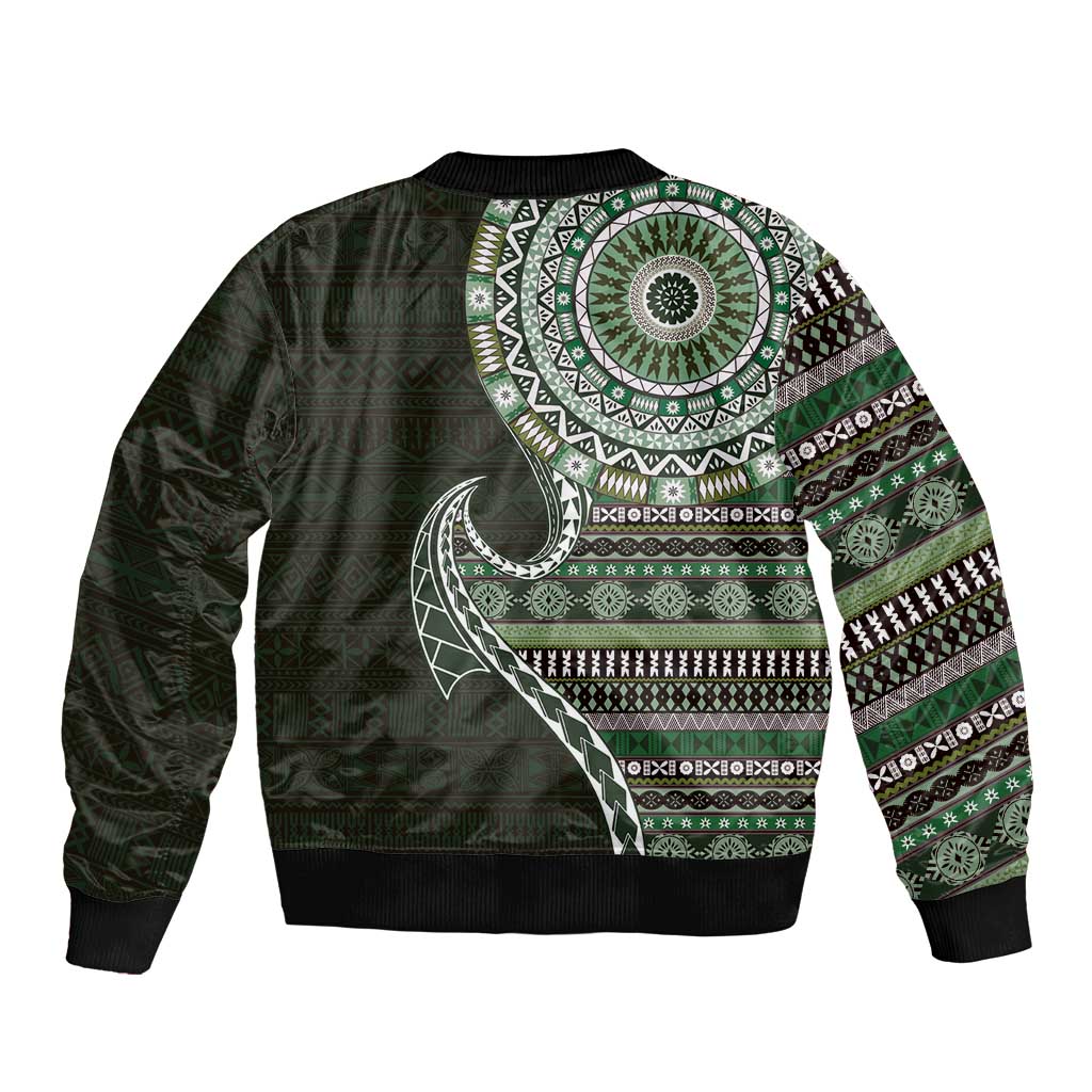 Fijian Masi Tribal Tattoos Art Pattern Sleeve Zip Bomber Jacket Green Color Half Style - Polynesian Pride